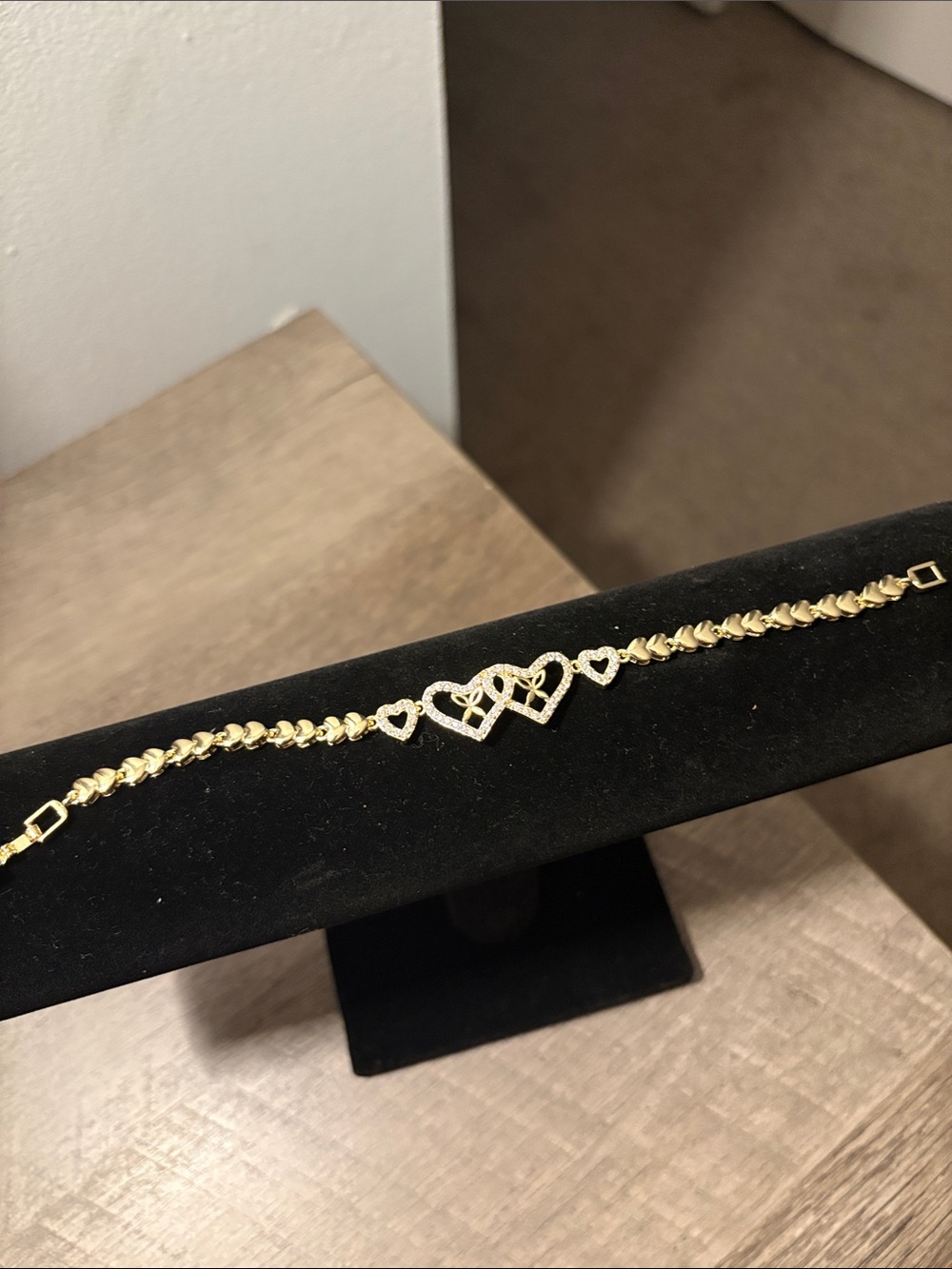 Gold Heart Link Bracelet with Cubic Zirconia Accents